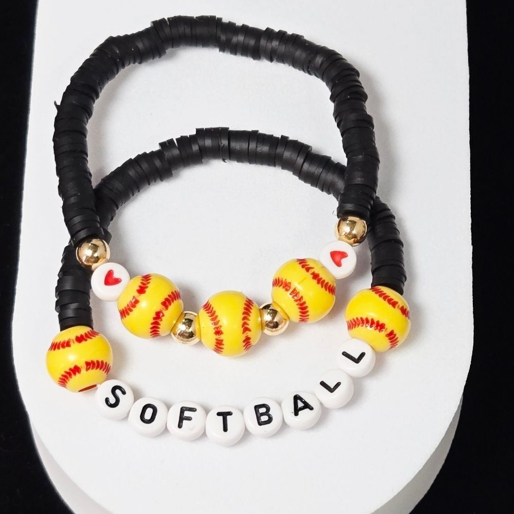 Softball Heishi Charm Bracelet Stack Set 2 Team Spirit Black White Yellow Ball